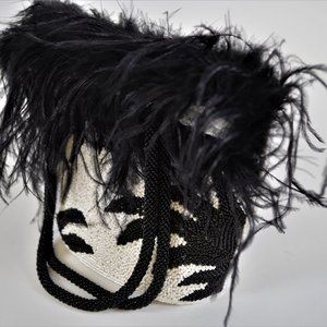 Beaded Feathered Black and White Handbag